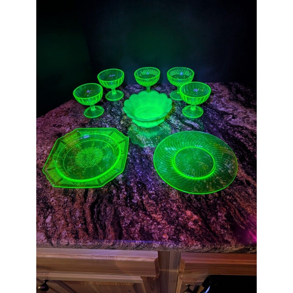 GLOWS Fenton Dish, Satin Green, Grape Pattern with Fluted Edge Lot